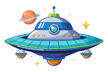 Cartoon Flying Saucer with Planet and Stars in Space