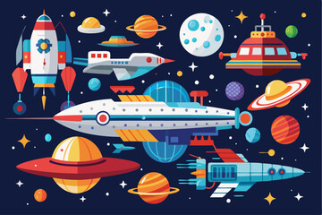 Spacecraft and Planets in a Dark Blue Galaxy