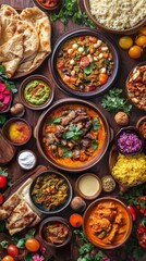 Fototapeta premium An array of vibrant Indian dishes laid out on a wooden table, including curries, naan, rice, chutneys, and fresh herbs.