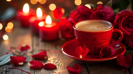 Fototapeta premium Red cup of coffee candles in the form of heart a bouquet of red roses romantic celebration of Valentine Day