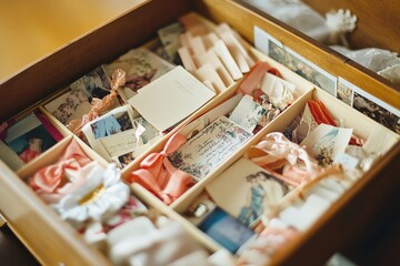 A wooden drawer filled with various vintage postcards, photos, ribbons, and souvenirs, creating a nostalgic and sentimental atmosphere.