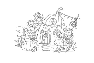 Coloring page for kids, cute mouse with pumpkin house doing housework. Autumn linear illustration.