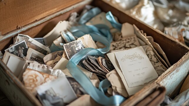 A vintage wooden box filled with nostalgic photographs and old letters adorned with blue ribbons evokes sentimental memories.