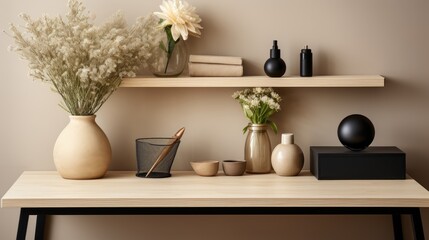 Beige salon interior desk with laptop and shelf with cosmetics 