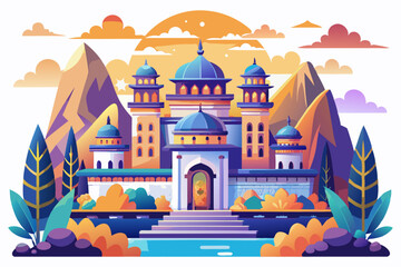 A Colorful Illustration of a Mosque with Surrounding Nature