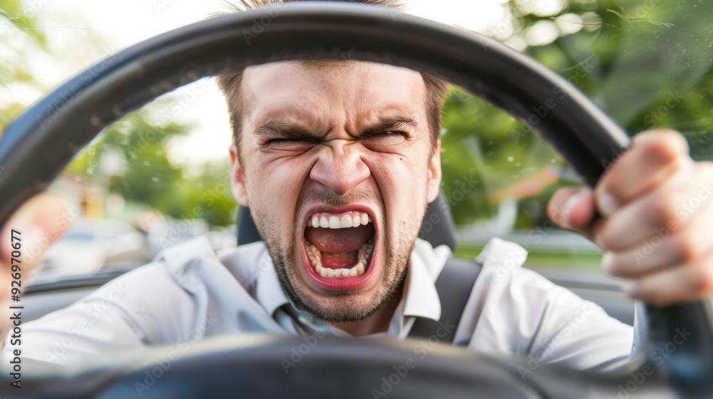 Poster A man driving a car is yelling in anger. AI.