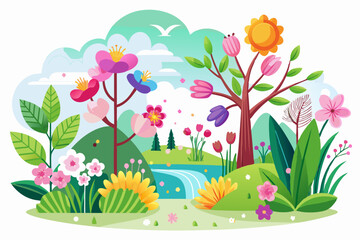 Obraz premium Colorful Spring Landscape with Flowers and Waterfall