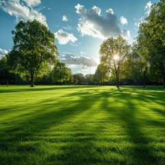 Obraz premium Sun shining through trees in a park. AI.