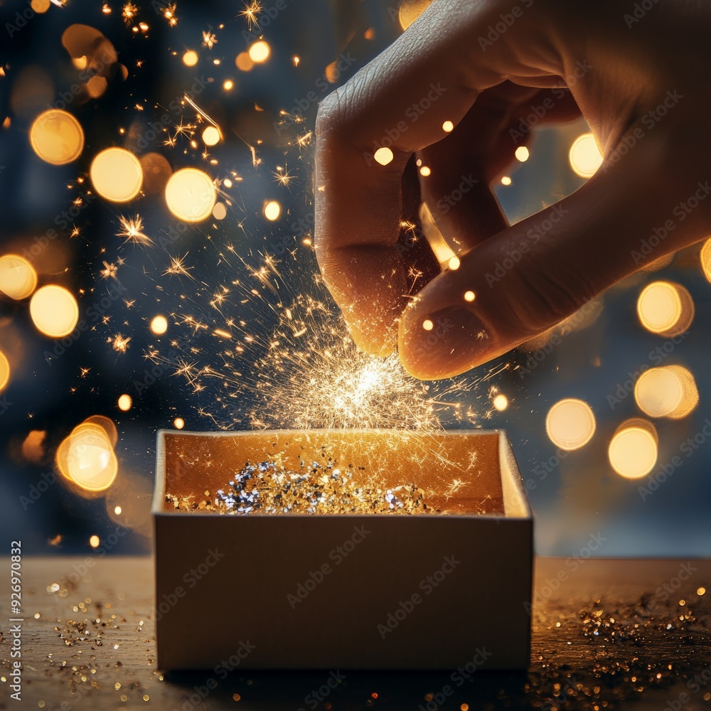 Poster a hand sprinkling sparkling glitter from a small box with warm bokeh lights in the background, creat