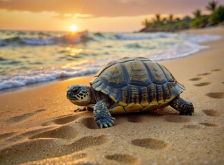 Obraz premium A turtle walks on the beach at sunset. AI.