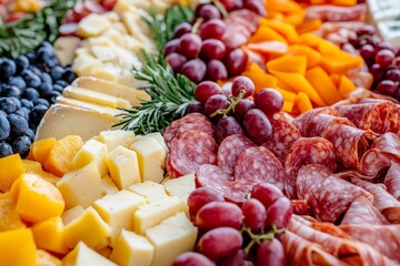 A colorful charcuterie board with assorted cheeses, meats, fruits, and vegetables, ideal for parties and gatherings.