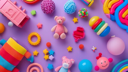 Set of children toys pink and purple background