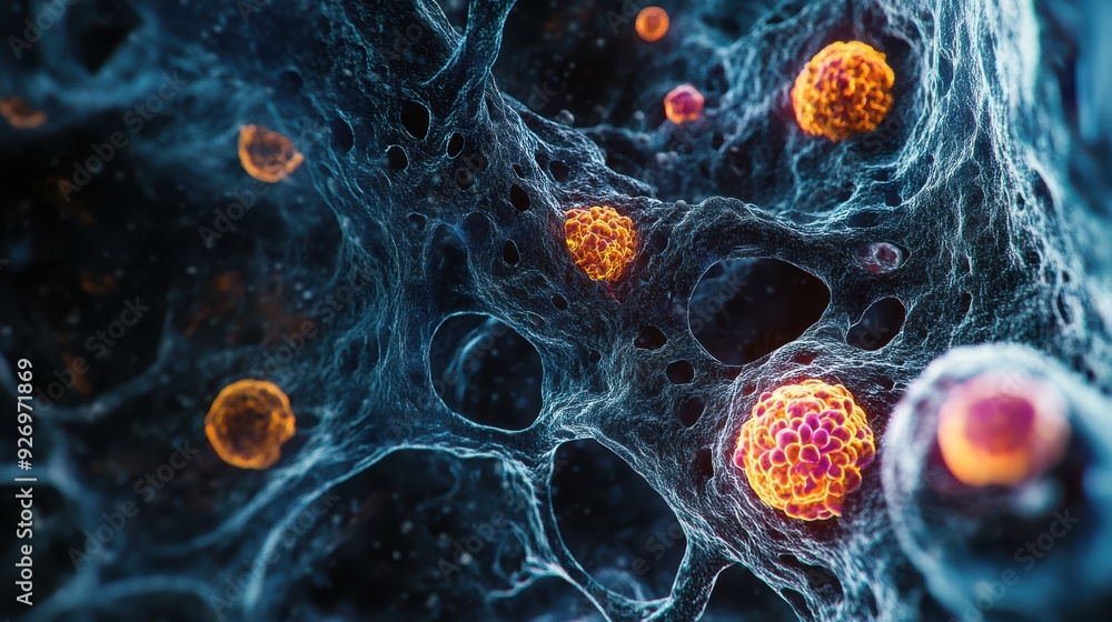 Poster high-resolution close-up of cells in tissue under the microscope, showing signs of illness with phot