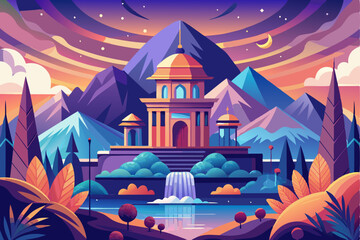 Obraz premium A Fantasy Palace nestled in a Mountain Valley with a Waterfall and Lake