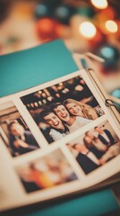 Fototapeta premium A close-up of an album with vibrant photos of happy moments and friends, surrounded by festive bokeh lights.