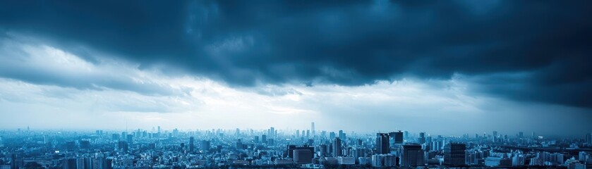 Obraz premium Dramatic cityscape under a stormy sky, with dark clouds and a glimpse of sunlight.