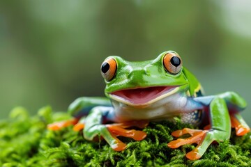Closeup of frog sitting on green mossy surface with mouth open in natural habitat wildlife exploration theme