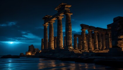 Ancient ruins against the backdrop of the dark deep sea, emitting an inviting light