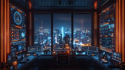 Obraz premium Futuristic Smart City Control Center with IoT Devices Managing Traffic and Energy Consumption