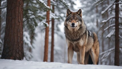 Obraz premium Majestic wolf standing in a snowy forest, piercing eyes, winter landscape, tall pine tree