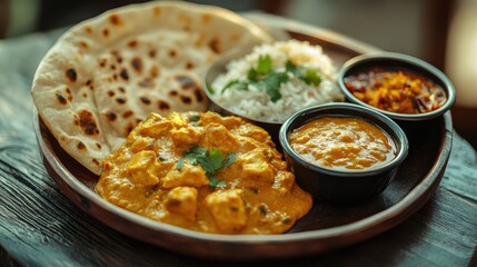 Close-up of an Indian thali featuring butter chicken and traditional cuisine