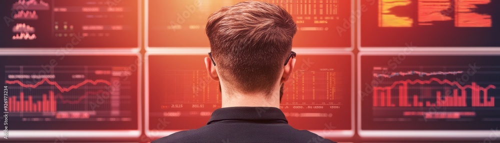 Aufkleber a professional analyzing financial data on multiple screens, showcasing modern technology and busine