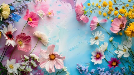 Spring baner with flower composition on colorful background