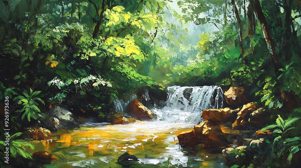 Poster Waterfall in a Lush Green Forest