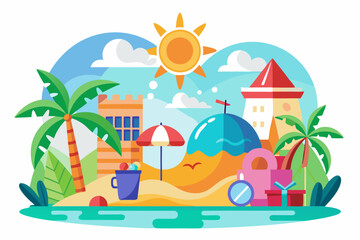 A Sunny Beach Day with Palm Trees, Sandcastles, and a Red Umbrella