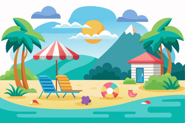 Idyllic Beach Scene with Palm Trees, Umbrella, and Beach Chairs
