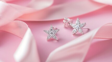 Star shaped silver earring studs decorated with diamonds on pastel pink background with ribbon