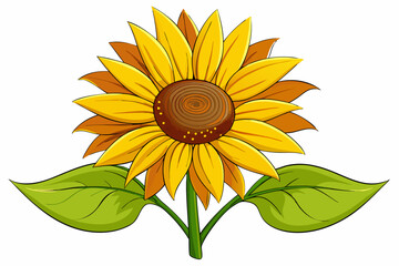 A cartoon drawing of a sunflower with two leaves