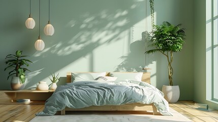 Stylish room interior with comfortable wooden light green bed