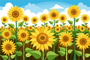 A field of sunflowers with a blue sky and fluffy white clouds in the background