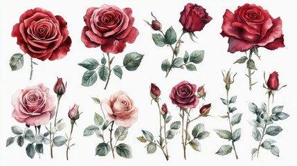 Collection of watercolor roses and foliage, botanical illustration