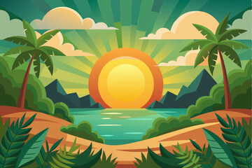 Tropical Sunset Landscape with Palm Trees and Ocean