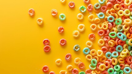 Sweet multicolored flakes cereal loops on yellow and orange background