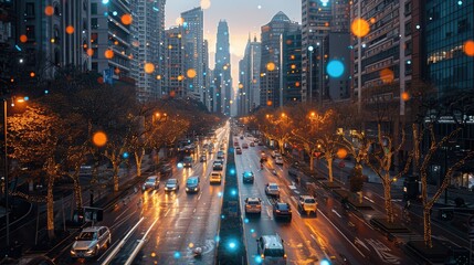 Fototapeta premium Futuristic IoT-Enabled Urban Environment with Smart Streetlights, Waste Management, and Traffic Signals
