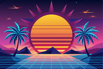Fototapeta premium Retro Sunset Landscape with Palm Trees and Grid