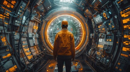 Advanced Technology Engineering Inspection - Engineer analyzing machinery system with holographic data overlay display, copyspace on right for text.