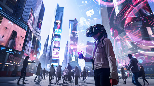 A virtual reality gaming scene with holographic displays showing an interactive game interface