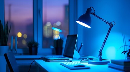 table lamp on desk with blue light