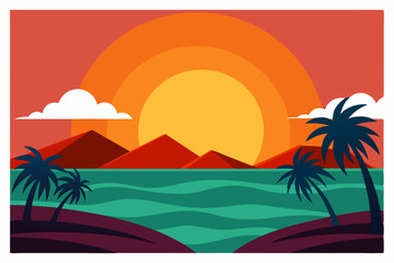 Obraz premium Sunset over a Tropical Beach with Palm Trees and Mountains