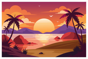 Obraz premium Palm Trees Silhouette with Sunset Over a Tranquil Lake