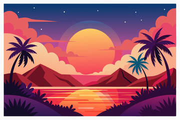 Sunset Over a Tropical Landscape with Palm Trees and Mountains