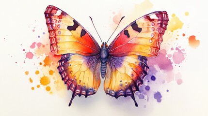 Detailed close-up of a butterfly drawing with red, yellow, and purple watercolor