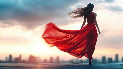 Silhouette of a woman in a red dress walking away from the camera with flowing hair and a cityscape in the background