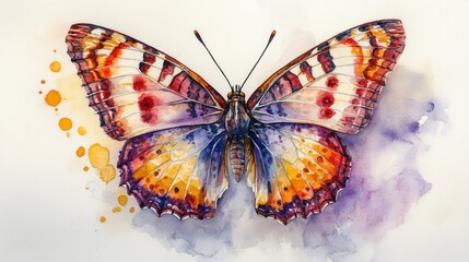 Detailed close-up of a butterfly drawing with red, yellow, and purple watercolor