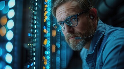 Professional Technician Troubleshooting Network System in Server Room with Blank Space for Text Overlay