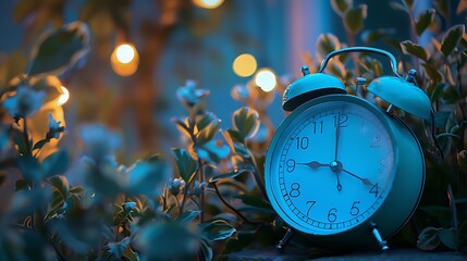 The blue clock and the blurry background with waterpot
